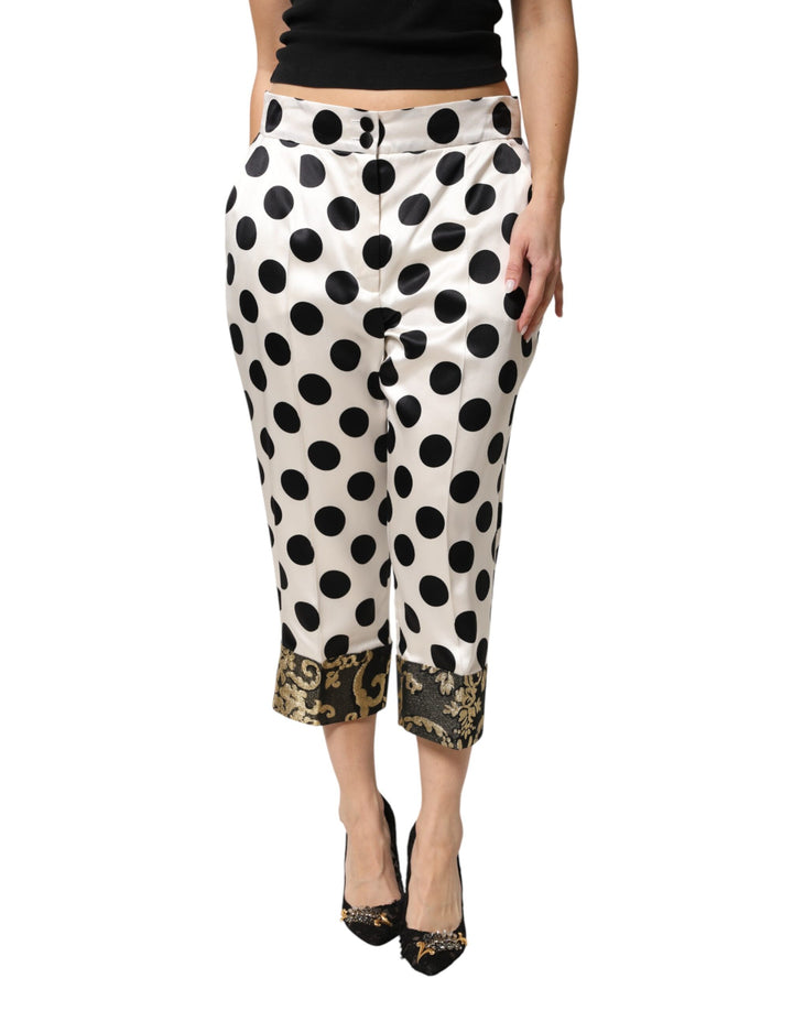 Dolce & Gabbana White Black Polka Dot Silk Mid Waist Cropped Pants by Dolce & Gabbana outlet now on sale