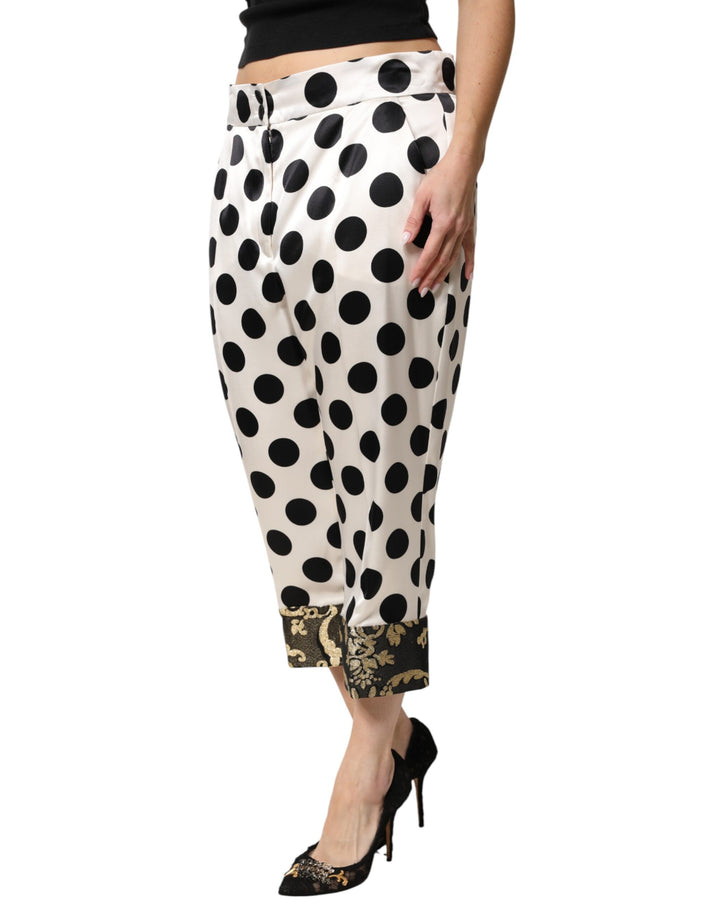 Dolce & Gabbana White Black Polka Dot Silk Mid Waist Cropped Pants by Dolce & Gabbana outlet now on sale