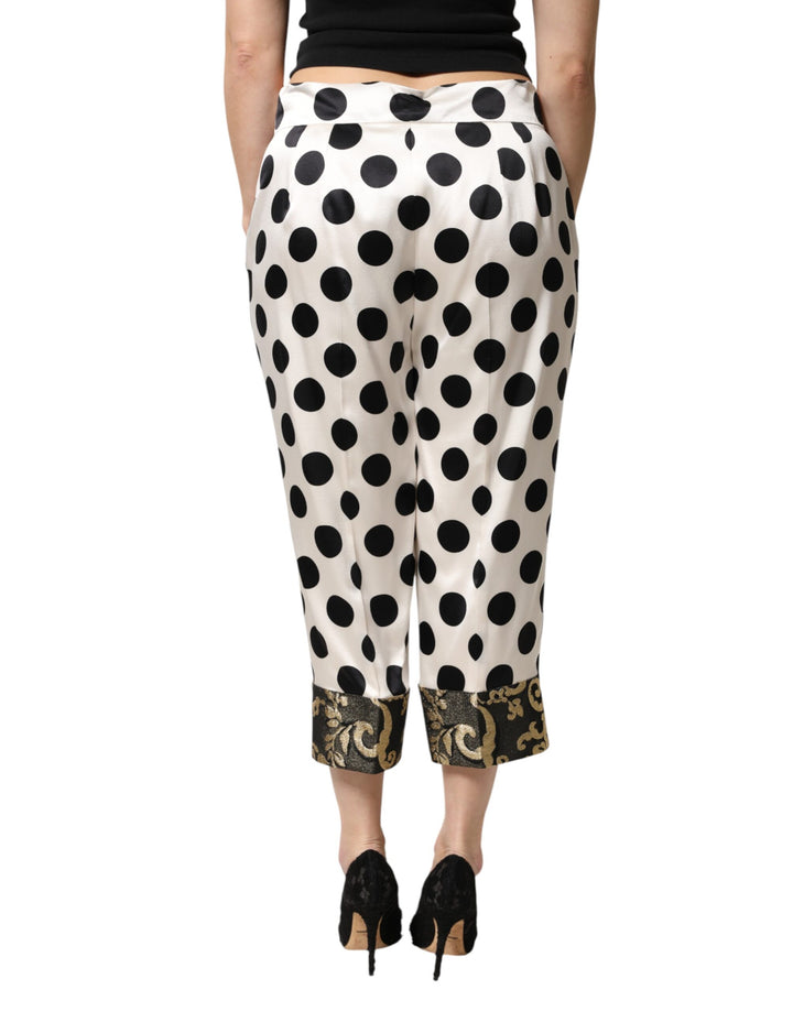 Dolce & Gabbana White Black Polka Dot Silk Mid Waist Cropped Pants by Dolce & Gabbana outlet now on sale