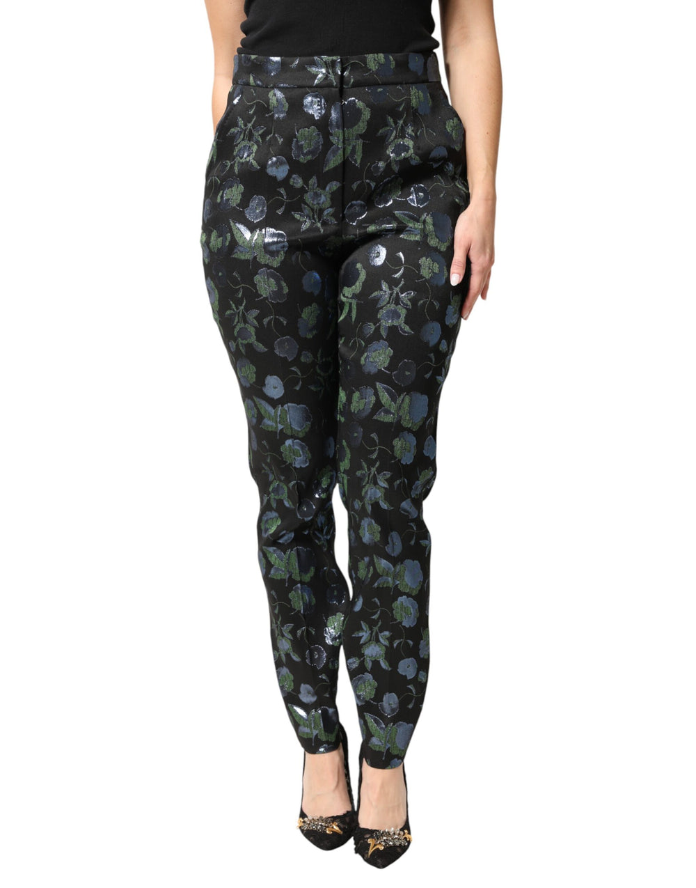 Dolce & Gabbana BlueGreen Floral Metallic Slim Trouser Pants by Dolce & Gabbana outlet now on sale