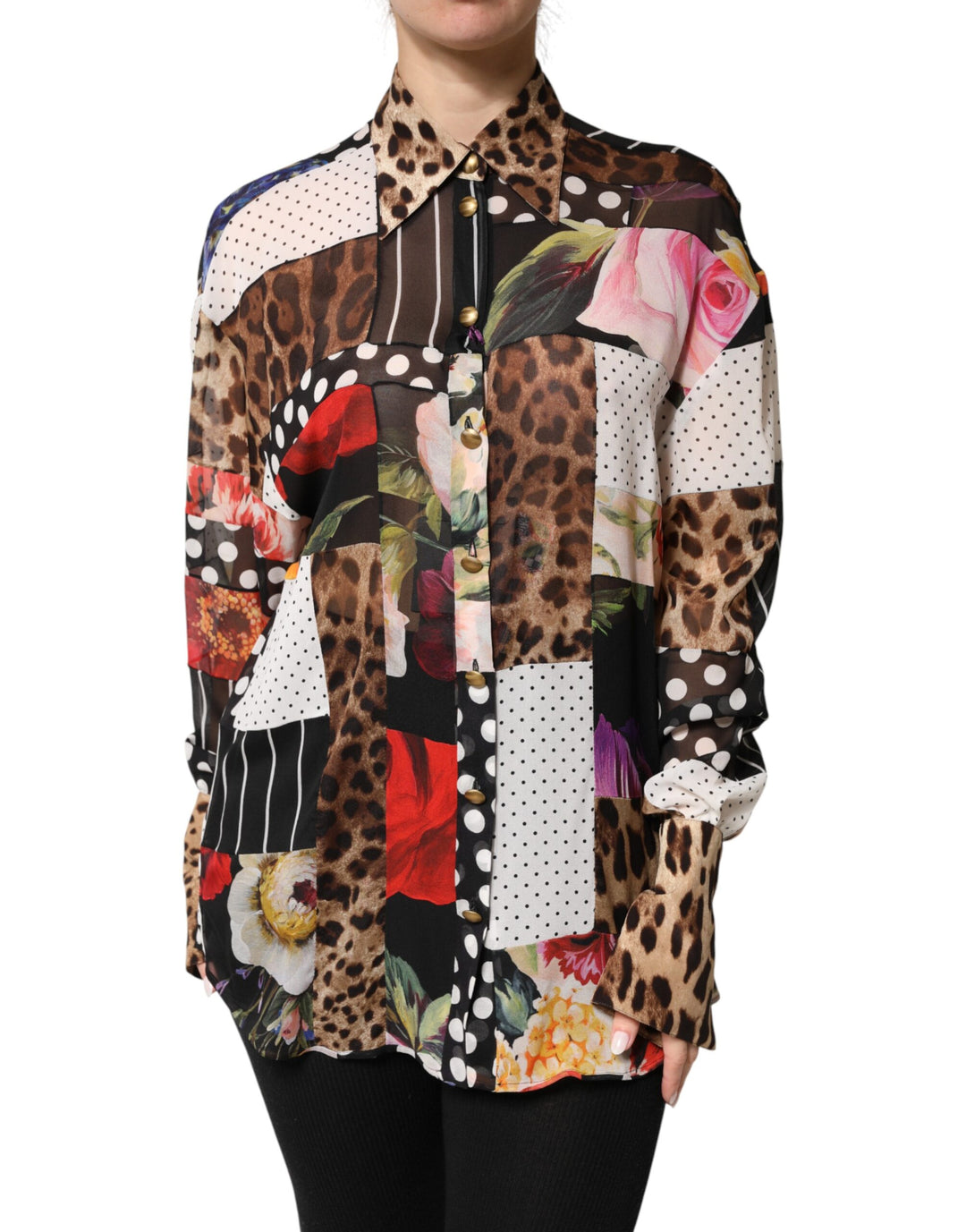 Dolce &amp; Gabbana Sample Sale Dolce &amp; Gabbana Multicolor Patchwork Silk CollaredBlouse Top - | Designer outlet
