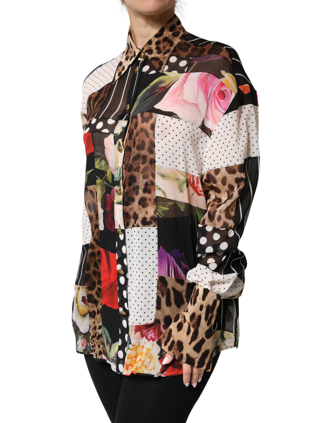 Dolce &amp; Gabbana Sample Sale Dolce &amp; Gabbana Multicolor Patchwork Silk CollaredBlouse Top - | Designer outlet