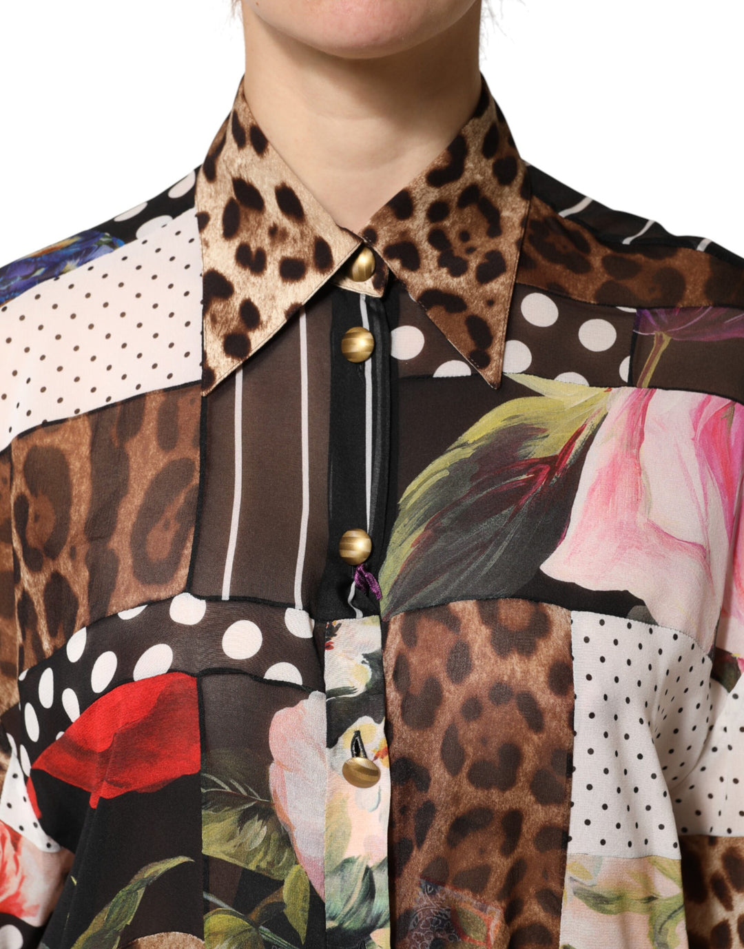 Dolce &amp; Gabbana Sample Sale Dolce &amp; Gabbana Multicolor Patchwork Silk CollaredBlouse Top - | Designer outlet