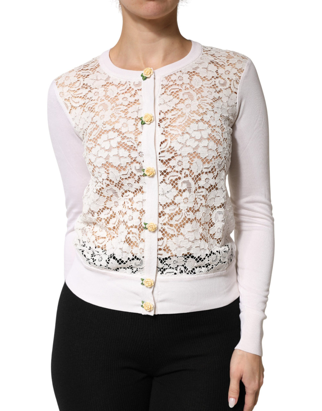 Dolce & Gabbana Cream Lace Knit Rose Button Cardigan Sweater by Dolce & Gabbana outlet now on sale