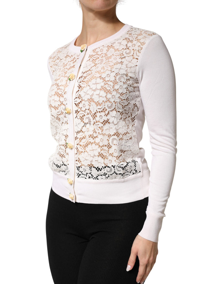 Dolce & Gabbana Cream Lace Knit Rose Button Cardigan Sweater by Dolce & Gabbana outlet now on sale