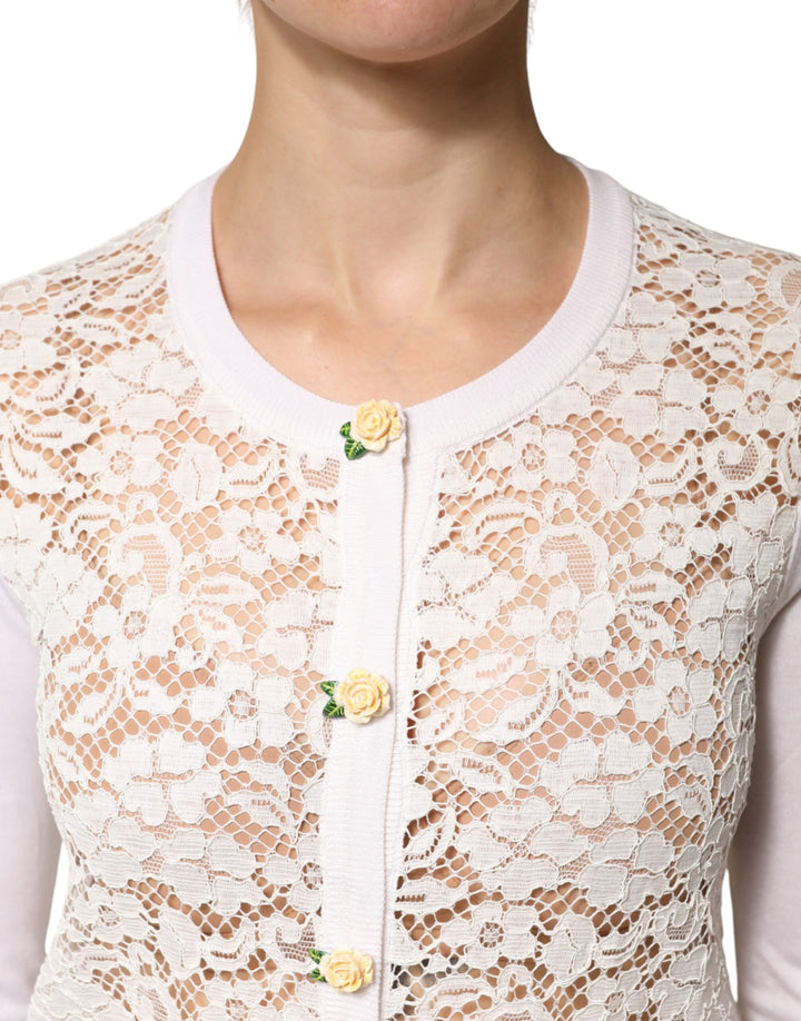 Dolce & Gabbana Cream Lace Knit Rose Button Cardigan Sweater by Dolce & Gabbana outlet now on sale