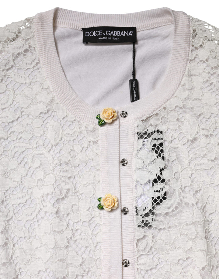 Dolce & Gabbana Cream Lace Knit Rose Button Cardigan Sweater by Dolce & Gabbana outlet now on sale