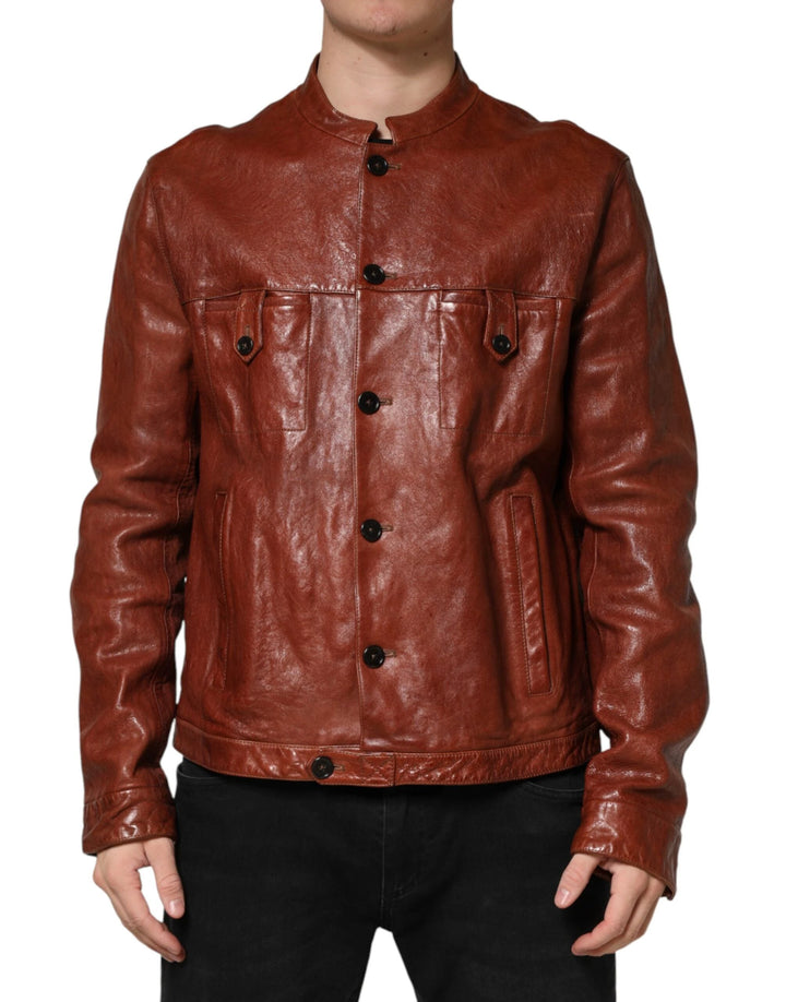 Dolce &amp; Gabbana Sample Sale Dolce &amp; Gabbana Brown Leather Button Down Men Biker Jacket - | Designer outlet