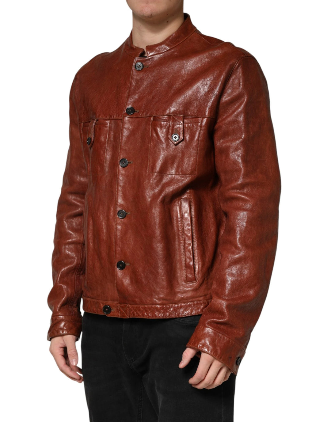 Dolce &amp; Gabbana Sample Sale Dolce &amp; Gabbana Brown Leather Button Down Men Biker Jacket - | Designer outlet