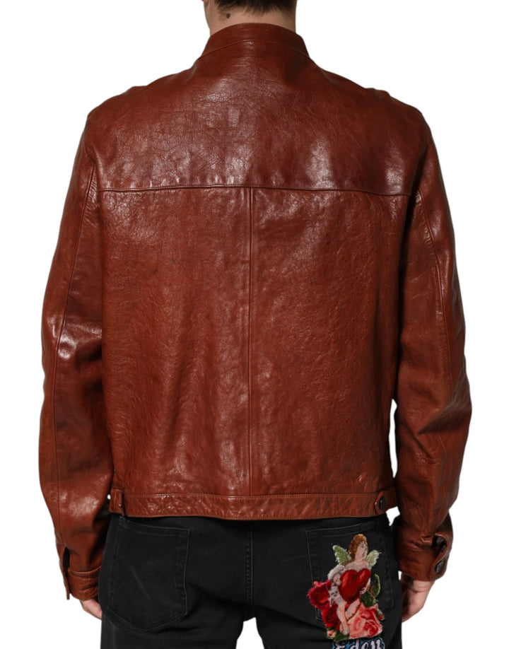 Dolce &amp; Gabbana Sample Sale Dolce &amp; Gabbana Brown Leather Button Down Men Biker Jacket - | Designer outlet