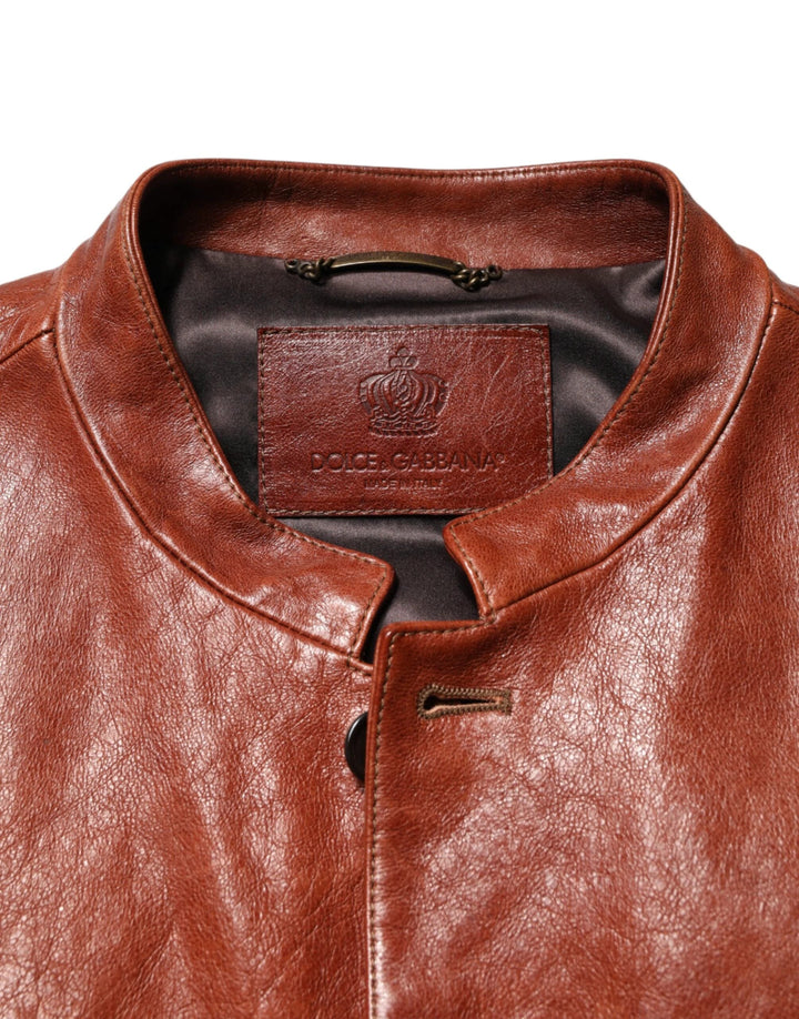 Dolce &amp; Gabbana Sample Sale Dolce &amp; Gabbana Brown Leather Button Down Men Biker Jacket - | Designer outlet