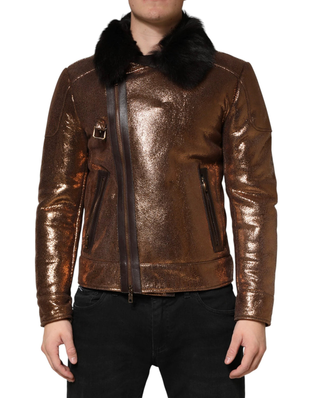 Dolce &amp; Gabbana Sample Sale Dolce &amp; Gabbana Bronze Leather Fur Full Zip Men Biker Jacket - | Designer outlet
