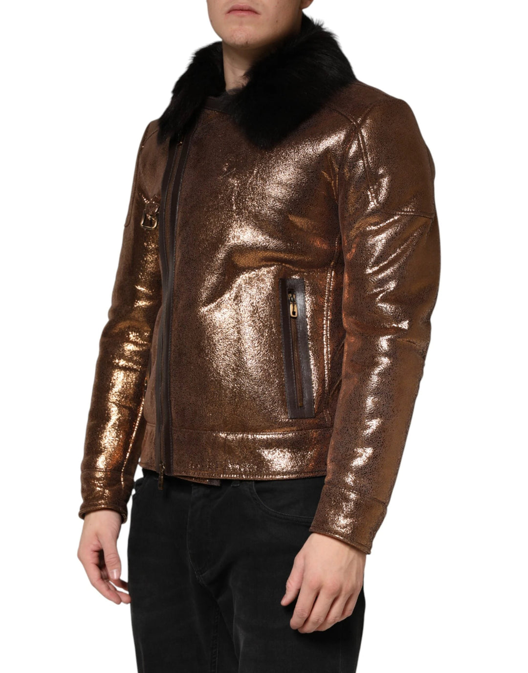 Dolce &amp; Gabbana Sample Sale Dolce &amp; Gabbana Bronze Leather Fur Full Zip Men Biker Jacket - | Designer outlet