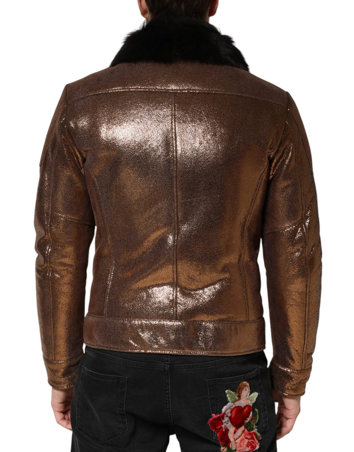 Dolce &amp; Gabbana Sample Sale Dolce &amp; Gabbana Bronze Leather Fur Full Zip Men Biker Jacket - | Designer outlet
