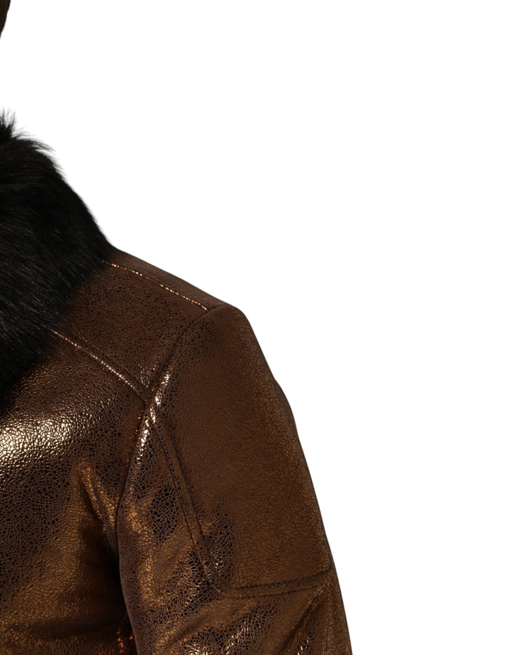Dolce &amp; Gabbana Sample Sale Dolce &amp; Gabbana Bronze Leather Fur Full Zip Men Biker Jacket - | Designer outlet