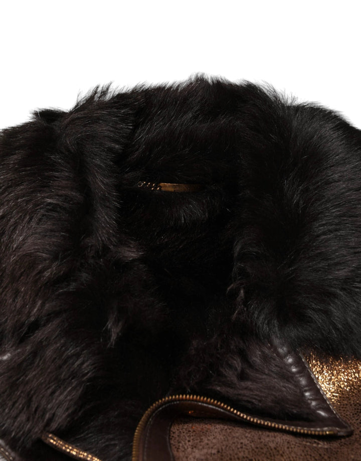 Dolce &amp; Gabbana Sample Sale Dolce &amp; Gabbana Bronze Leather Fur Full Zip Men Biker Jacket - | Designer outlet