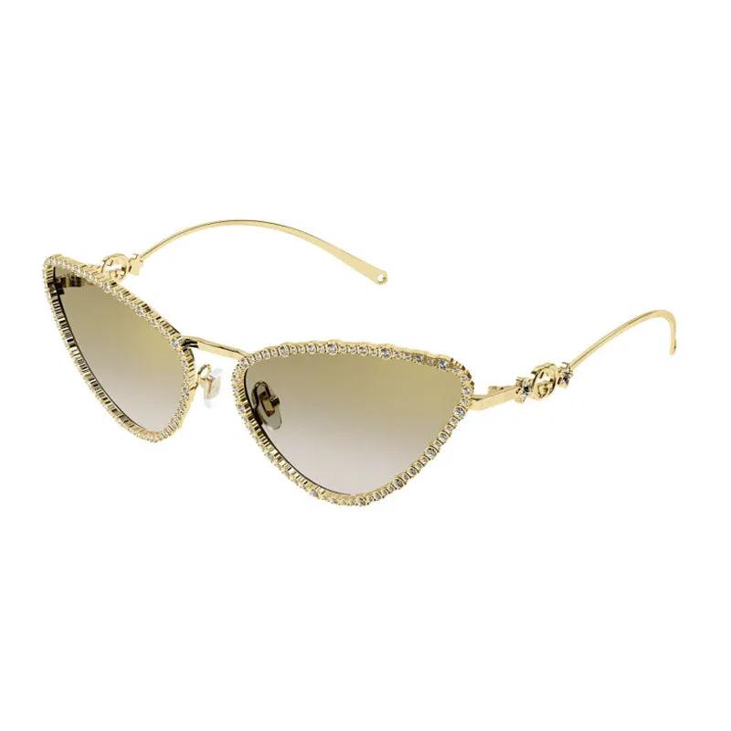 Gucci Sunglasses Cat Eye Full Rim, Gold With White Stone Frame And Light Grey Gradient Mirror Lens