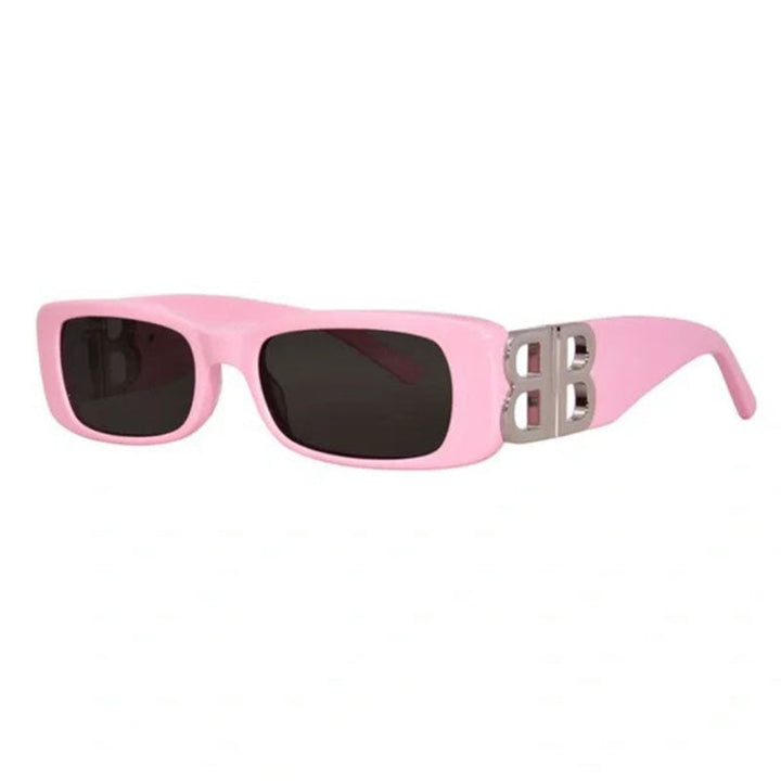 Balenciaga Rectangle Full Rim, with a Pink frame and Grey lens.