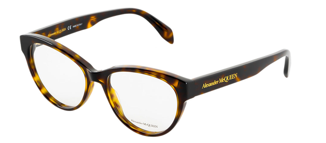 Alexander McQueen AM 0359O 002 Cat-Eye Plastic Havana Eyeglasses with Logo Stamped Demo Lenses Lens