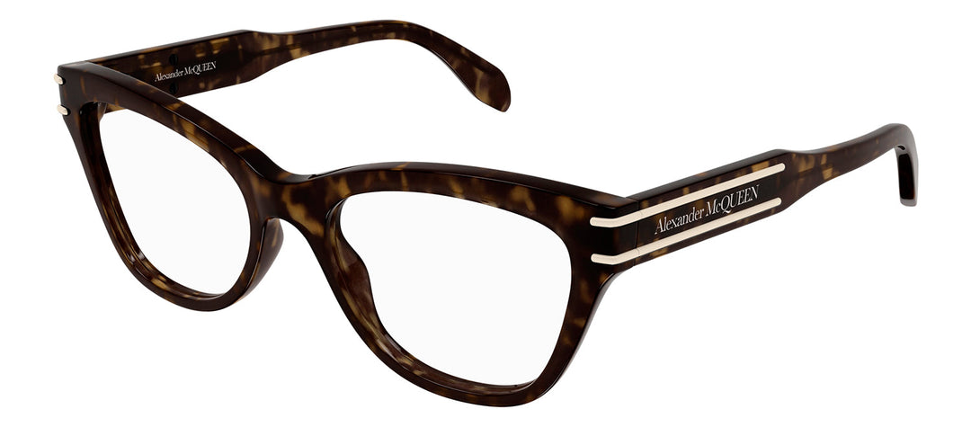 Alexander McQueen AM 0401O 002 Cat-Eye Plastic Havana Eyeglasses with Logo Stamped Demo Lenses