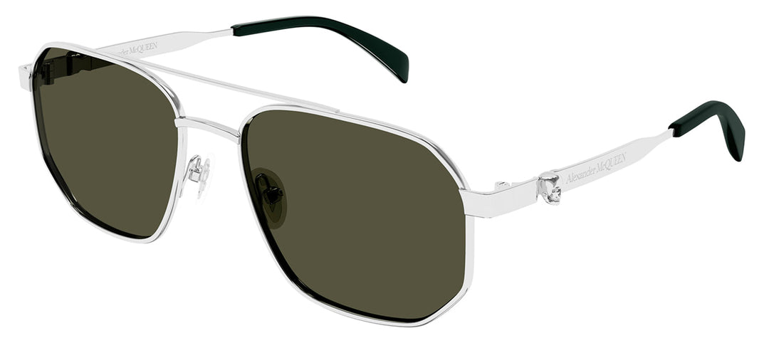 Alexander McQueen AM 0458S 003 Pilot Metal Silver Sunglasses with Green Lens