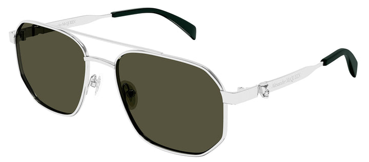 Alexander McQueen AM 0458S 003 Pilot Metal Silver Sunglasses with Green Lens