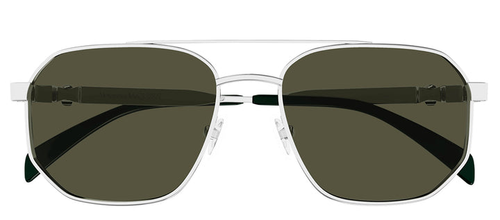 Alexander McQueen AM 0458S 003 Pilot Metal Silver Sunglasses with Green Lens