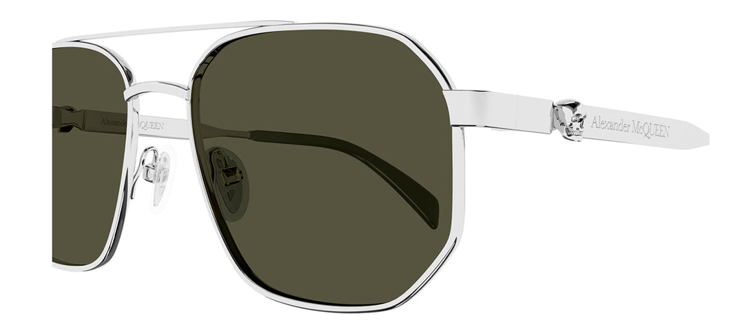 Alexander McQueen AM 0458S 003 Pilot Metal Silver Sunglasses with Green Lens