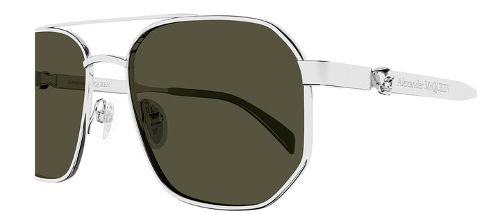 Alexander McQueen AM 0458S 003 Pilot Metal Silver Sunglasses with Green Lens