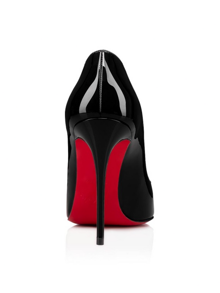 Black high-heeled shoe with red sole on a white background
