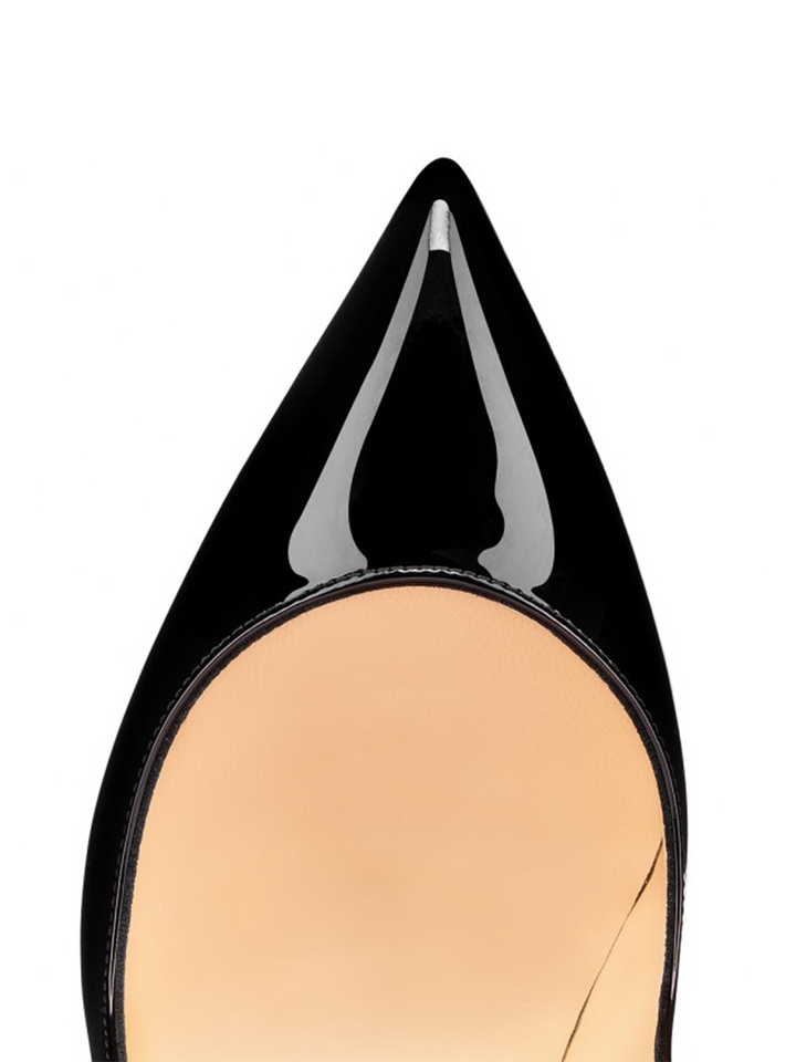 Black patent leather pointed-toe high heel shoe on a white background