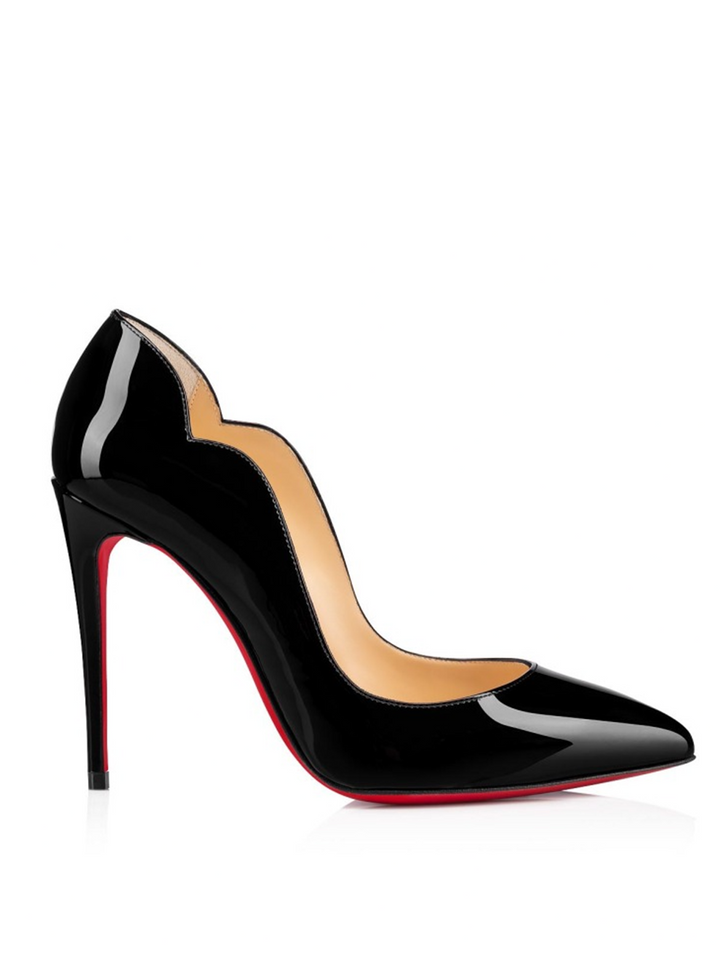 Black high-heeled shoe with red sole on a white background