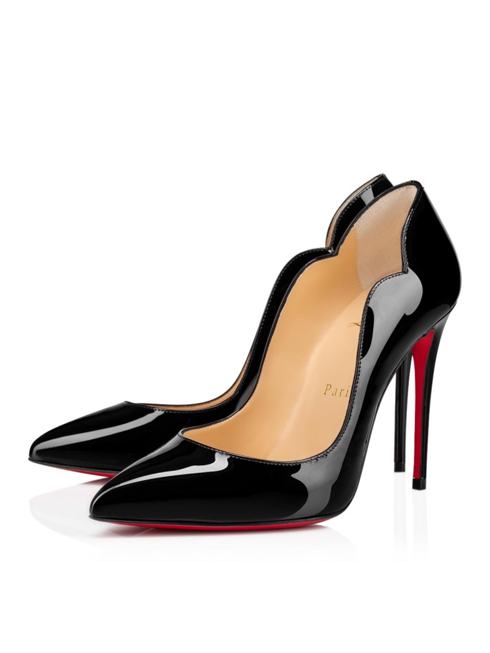 Black high-heeled shoes with a red sole on a white background
