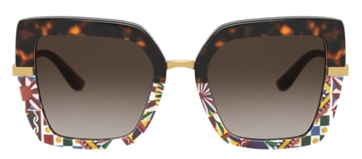 DOLCE & GABBANA DG 4373F 327813 Square Havana/Print Carretto Acetate Sunglasses with Brown Gradient Dark Brown Lens
