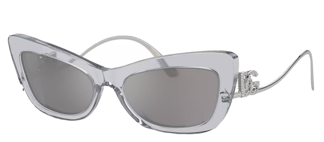 DOLCE & GABBANA DG 4467B 32916G Cat Eye Transparent Grey Acetate Sunglasses with Light Grey Mirror Silver Lens