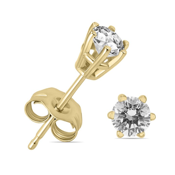 1/4 Carat Tw 6 Prong Round Diamond Solitaire Stud Earrings In 14K Yellow Gold