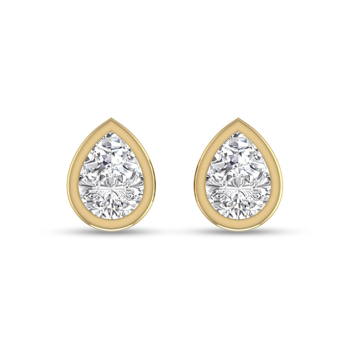 Lab Grown 1/4 Carat Pear Shaped Bezel Set Solitaire Diamond Earrings In 14K Yellow Gold