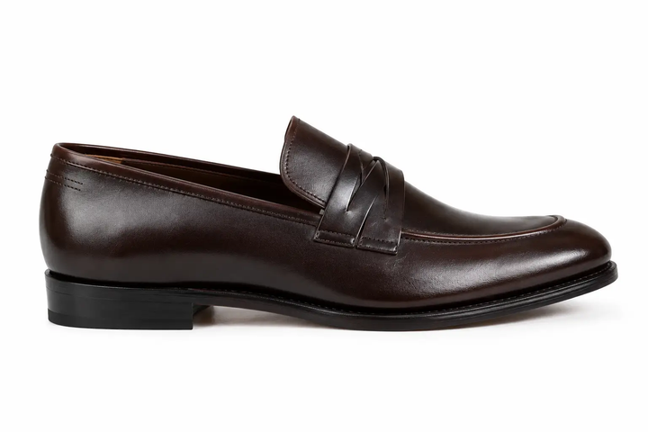 A dark brown leather penny loafer shown in a side profile view against a plain white background.