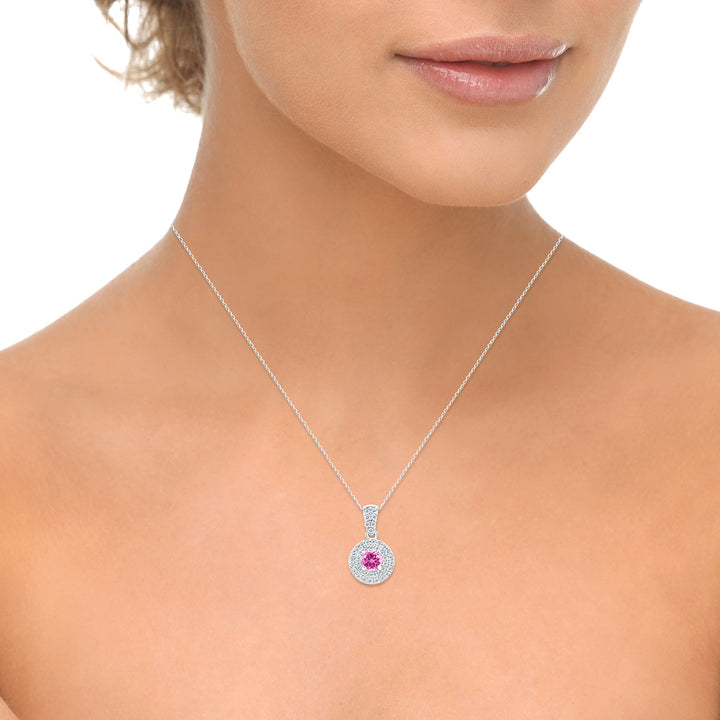 3/4 Carat Tw Double Halo Pink Topaz And Diamond Pendant In 10K White Gold