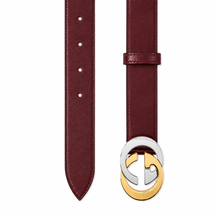 Gucci Interlocking G Leather Belt Burgundy with Gold &amp; Silver Buckle
