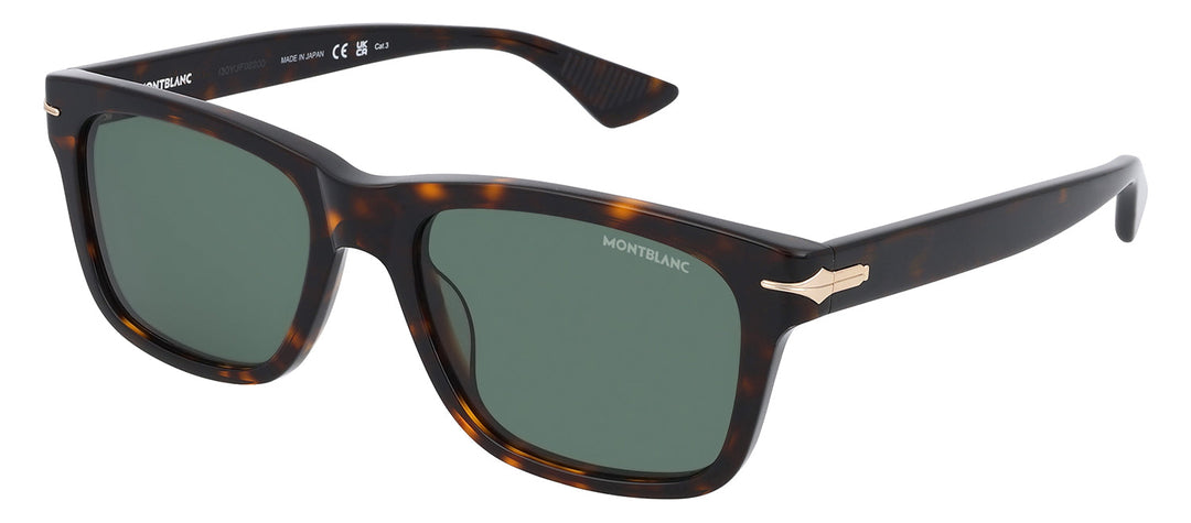 MontBlanc NIB MB 0263S 002 Rectangle Plastic Havana Sunglasses with Green Lens