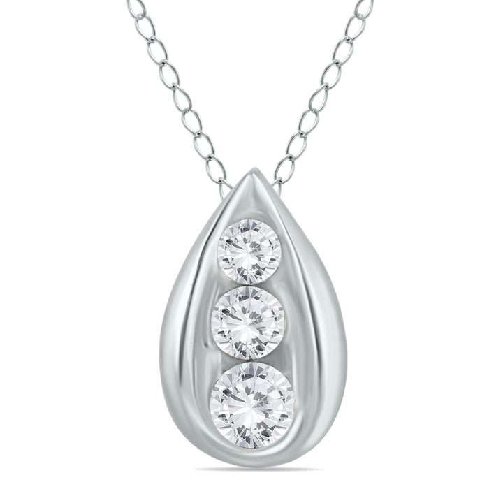 1/2 Carat Tw Three Stone Diamond Tear Drop Pendant In 14K White Gold