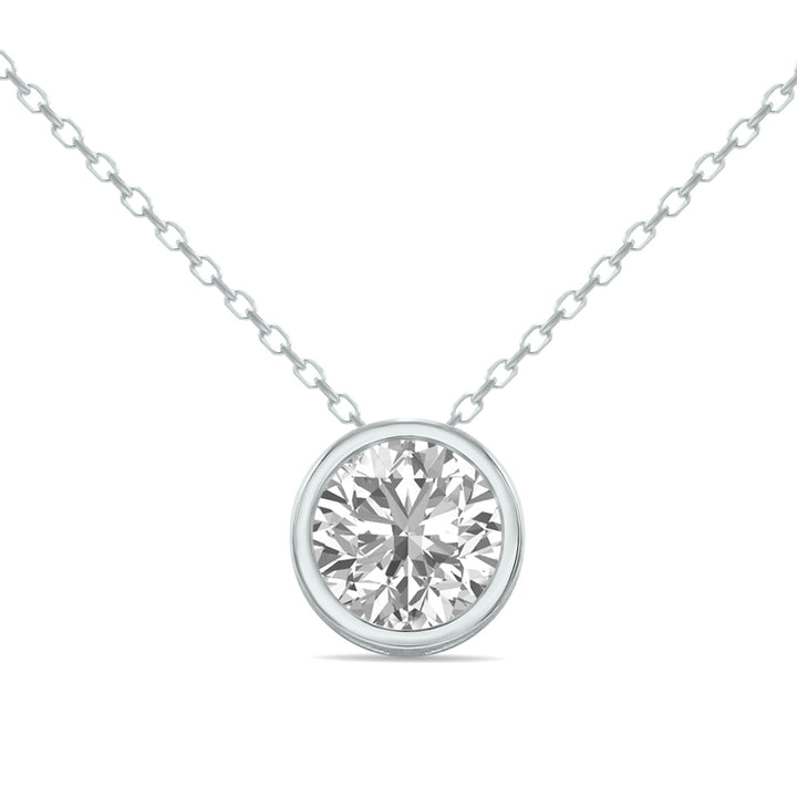 Lab Grown 3/4 Carat Round Solitaire Diamond Bezel Set Pendant In 14K White Gold