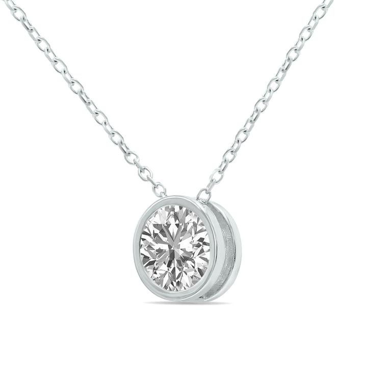 Lab Grown 3/4 Carat Round Solitaire Diamond Bezel Set Pendant In 14K White Gold