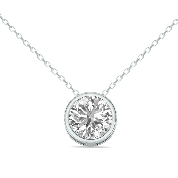 Lab Grown 1 Carat Round Solitaire Diamond Bezel Set Pendant In 14K White Gold