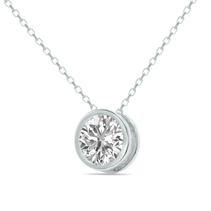 Lab Grown 1 Carat Round Solitaire Diamond Bezel Set Pendant In 14K White Gold