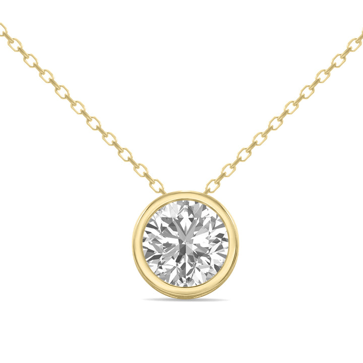 Lab Grown 3/4 Carat Round Solitaire Diamond Bezel Set Pendant In 14K Yellow Gold