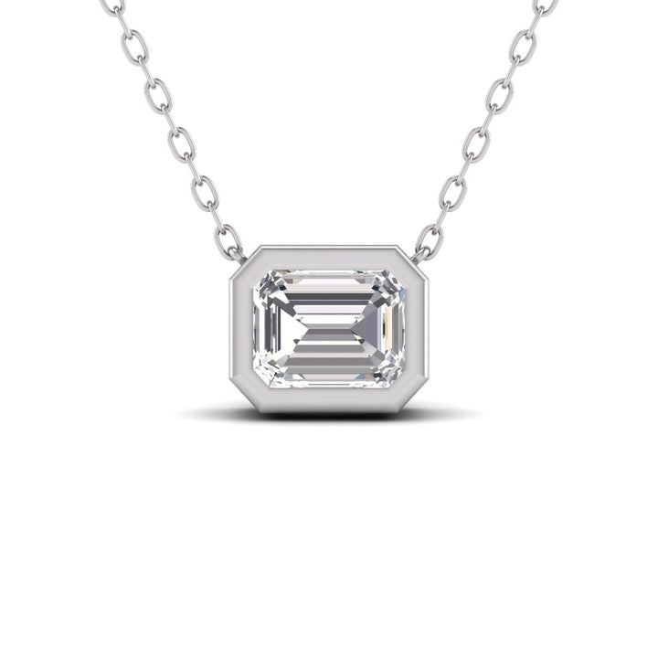 Lab Grown 1/2 Carat Emerald Cut Bezel Set Diamond Solitaire Pendant In 14K White Gold