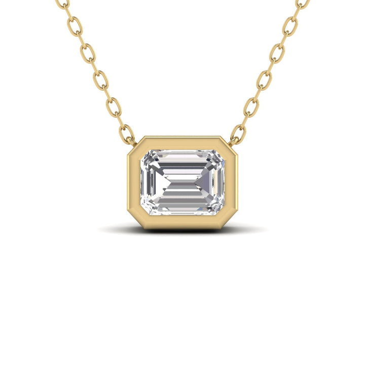 Lab Grown 3/4 Carat Emerald Cut Bezel Set Diamond Solitaire Pendant In 14K Yellow Gold