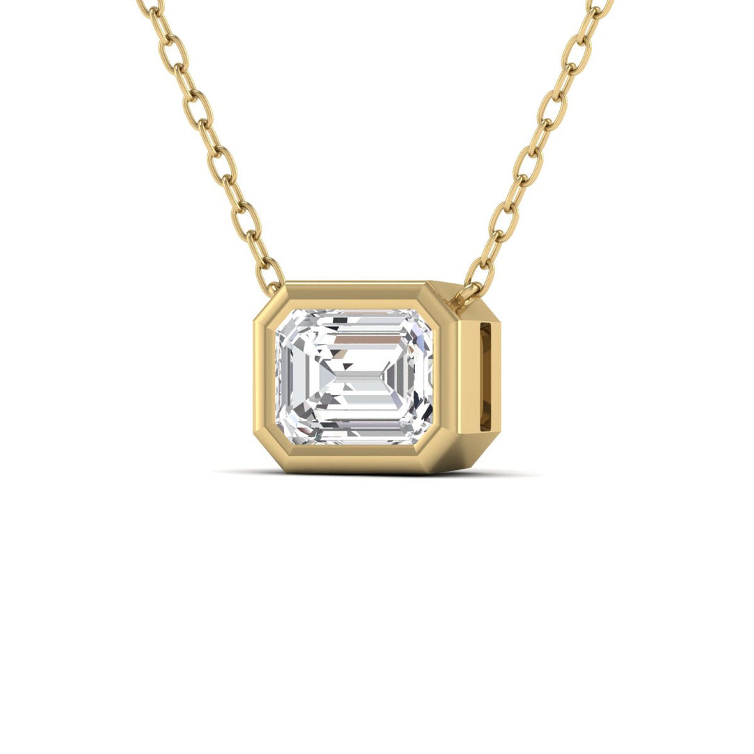 Lab Grown 3/4 Carat Emerald Cut Bezel Set Diamond Solitaire Pendant In 14K Yellow Gold